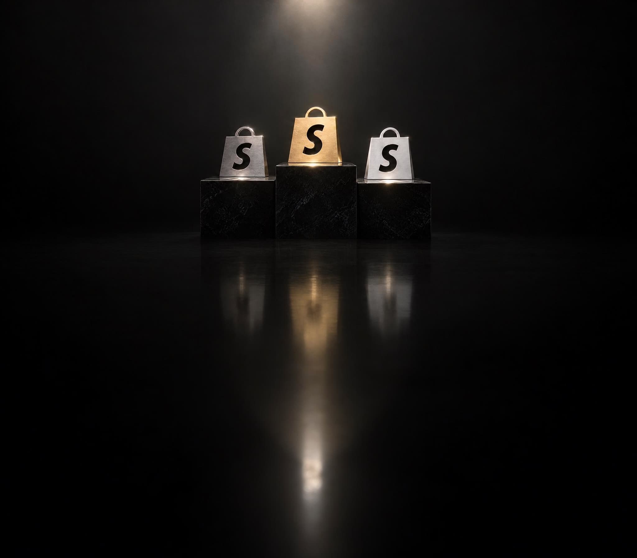 The three Shopify milestone awards, silver, gold and white, on a black marble podium under a spotlight